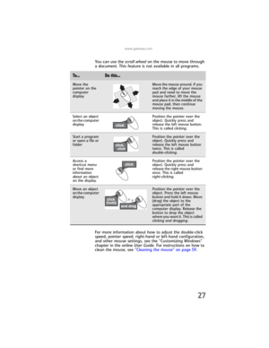 Page 33www.gateway.com
27
You can use the scroll wheel on the mouse to move through 
a document. This feature is not available in all programs.
For more information about how to adjust the double-click 
speed, pointer speed, right-hand or left-hand configuration, 
and other mouse settings, see the “Customizing Windows” 
chapter in the online User Guide. For instructions on how to 
clean the mouse, see “Cleaning the mouse” on page 59.
To .. .Do this...
Move the 
pointer on the 
computer 
displayMove the mouse...