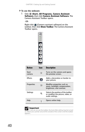 Page 48CHAPTER 3: Setting Up and Getting Started
40
To  u s e  t h e  we b c a m :  
1Click (Start), All Programs, Camera Assistant 
Software, then click Camera Assistant Software. The 
Camera Assistant Toolbar opens.
-OR-
Right-click   (Camera assistant software) on the 
taskbar, then click Show Toolbar. The Camera Assistant 
Toolbar opens.
ButtonIconDescription
Start 
cameraTurns on the camera and opens 
the preview screen.
Effects Adds a decoration or border to 
your picture.
PropertiesModifies properties...