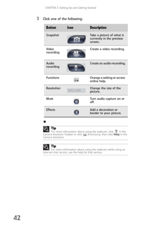 Page 50CHAPTER 3: Setting Up and Getting Started
42
3Click one of the following:
ButtonIconDescription
SnapshotTake a picture of what is 
currently in the preview 
screen.
Video 
recordingCreate a video recording.
Audio 
recordingCreate an audio recording.
Functions Change a setting or access 
online help.
ResolutionChange the size of the 
picture.
Mute Turn audio capture on or 
off.
EffectsAdd a decoration or 
border to your picture.
TipFor more information about using the webcam, click   in the 
Camera...