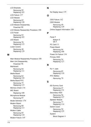 Page 180170
LCD Brackets
Removing
 95
Replacing 103
LCD Failure 137
LCD Module
Removing
 65
Replacing 120
LCD Module Disassembly
Flowchart
 90
LCD Module Reassembly Procedure 100
LCD Panel
Removing
 93
Replacing 103
LED Board
Removing
 76
Replacing 115
Lower Covers
Removing
 48
Replacing 129
M
Main Module Reassembly Procedure 108
Main Unit Disassembly
Flowchart
 58
Mainboard
Removing
 84
Replacing 111
Media Board
Removing
 62
Replacing 124
Media Board FFC
Removing
 75
Replacing 115
Memory Check 134
MIC Board...