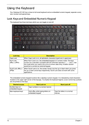Page 2212Chapter 1
Using the Keyboard
Your Gateway EC14D has a close-to-full-sized keyboard and an embedded numeric keypad, separate cursor, 
lock, function and special keys.
Lock Keys and Embedded Numeric Keypad
The keyboard has three lock keys which you can toggle on and off.
The embedded numeric keypad functions like a desktop numeric keypad. It is indicated by small characters 
located on the upper right corner of the keycaps. To simplify the keyboard legend, cursor-control key symbols 
are not printed on...