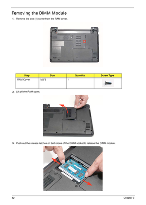 Page 5242Chapter 3
Removing the DIMM Module
1.Remove the one (1) screw from the RAM cover.
2.Lift off the RAM cover.
3.Push out the release latches on both sides of the DIMM socket to release the DIMM module. 
StepSizeQuantityScrew Type
RAM Cover M2*6 1 