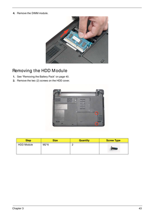 Page 53Chapter 343
4.Remove the DIMM module. 
Removing the HDD Module 
1.See “Removing the Battery Pack” on page 40.
2.Remove the two (2) screws on the HDD cover.
StepSizeQuantityScrew Type
HDD Module M2*6 2 