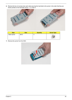 Page 55Chapter 345
6.Remove the four (4) screws (two each side) securing the hard disk to the carrier in the order that they are 
shown printed on the hard disk carrier: 1, 2, 3 then 4.
7.Remove the carrier from the HDD.
StepSizeQuantityScrew Type
HDD Carrier M3*3 4
21
34 
