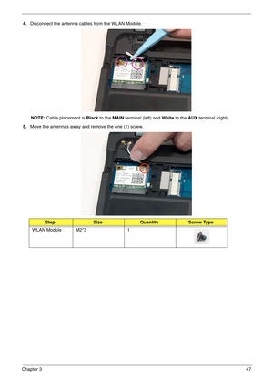 Page 57Chapter 347
4.Disconnect the antenna cables from the WLAN Module. 
NOTE: Cable placement is Black to the MAIN terminal (left) and White to the AUX terminal (right).
5.Move the antennas away and remove the one (1) screw. 
 
StepSizeQuantityScrew Type
WLAN Module M2*3 1 