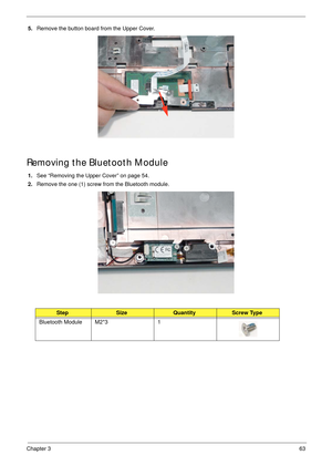 Page 73Chapter 363
5.Remove the button board from the Upper Cover.
Removing the Bluetooth Module
1.See “Removing the Upper Cover” on page 54.
2.Remove the one (1) screw from the Bluetooth module.
StepSizeQuantityScrew Type
Bluetooth Module M2*3 1 