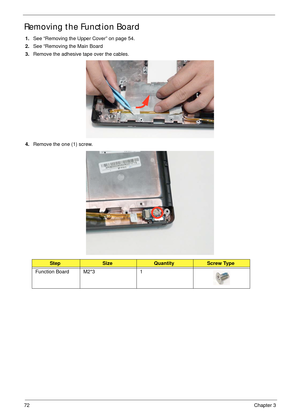 Page 8272Chapter 3
Removing the Function Board
1.See “Removing the Upper Cover” on page 54.
2.See “Removing the Main Board 
3.Remove the adhesive tape over the cables.
4.Remove the one (1) screw.
StepSizeQuantityScrew Type
Function Board M2*3 1 