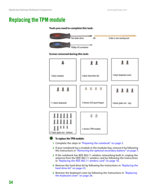 Page 58Replacing Gateway Notebook Componentswww.gateway.com
54
Replacing the TPM module
Tools you need to complete this task:
Screws removed during this task:
To replace the TPM module:  
1Complete the steps in “Preparing the notebook” on page 5.
2If your notebook has a module in the modular bay, remove it by following 
the instructions in “Removing the optional secondary battery” on page 7.
3If the notebook has IEEE 802.11 wireless networking built in, unplug the 
antenna from the IEEE 802.11 wireless card by...