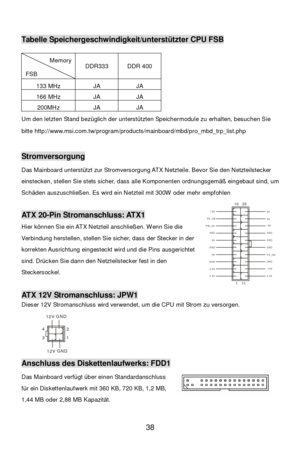 Page 42 
38 3 412GND12VGND12V Tabelle Speichergeschwindigkeit/unterstützter CPU FSB 
Memory FSB DDR333 DDR 400 133 MHz JA JA 166 MHz JA JA 200MHz JA JA Um den letzten Stand bezüglich der unterstützten Speichermodule zu erhalten, besuchen Sie 
bitte http://www.msi.com.tw/program/products/mainboard/mbd/pro_mbd_trp_list.php 
 Stromversorgung 
Das Mainboard unterstützt zur Stromversorgung ATX Netzteile. Bevor Sie den Netzteilstecker 
einstecken, stellen Sie stets sicher, dass alle Komponenten ordnungsgemäß...