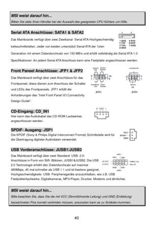 Page 44 
40 MSI weist darauf hin... Bitten Sie stets Ihren Händler bei der Auswahl des geeigneten CPU Kühlers um Hilfe. Serial ATA Anschlüsse: SATA1 & SATA2 
Das Mainboards verfügt über zwei Zweikanal- Serial ATA Hochgeschwindig- 
keitsschnittstellen. Jeder von beiden unterstützt Serial ATA der 1sten 
Generation mit einem Datendurchsatz von 150 MB/s und erfüllt vollständig die Serial ATA 1.0 
Spezifikationen. An jedem Serial ATA Anschluss kann eine Festplatte angeschlossen werden. Front Paneel Anschlüsse: JFP1...