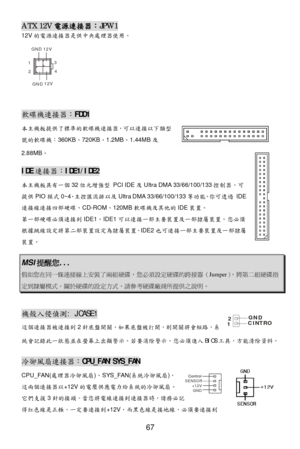 Page 71 
67 3
41
2 GND 12VGND 12V
Control
Control
SENSOR
+12VGND ATX 12V
電源連接器： JPW1 
12V 的電 源連接 器是供中央處理器 使用。  
 
 
  軟碟
機連接 器：FDD1 
本主機板提供了 標準的軟碟 機連接 器，可以 連接以下 類型
號 的軟碟 機： 360KB 、720KB 、1.2MB 、1.44MB 及
2.88MB 。   IDE
連接 器：IDE1/IDE2 
本主機板 具有一個 32位元 增強型 PCI IDE 及Ultra DMA 33/66/100/133 控制器，可
提供 PIO模式 0~4 、主 控匯流排 以及Ultra DMA 33/66/100/133 等功能。 你可 透過  IDE 
連接 線連接四部硬碟 、CD-ROM 、120MB 軟碟機及其他 的 IDE 裝置。 
第 一部硬碟 必須連接到IDE1 。IDE1 可以連接一部 主要裝 置及一部 隸屬裝置。您 必須
根據跳 線設定將 第二部 裝置設 定為隸屬 裝置，IDE2 也可連接一部 主要裝 置及一部 隸屬
裝 置。   MSI
提醒您 ......