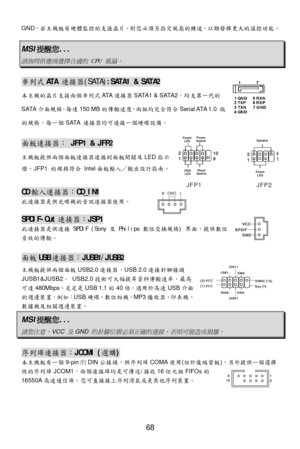 Page 72 
68 
GND
。若 主機板有 硬體監 控的支援晶片， 則您 必須 另指定風 扇的轉 速，以期 發揮更大的 溫控功 能。  MSI
提醒您 ...  請詢問供應商選擇合適的
  CPU 
風扇。
  
串
列式 ATA  連接器(SATA) :SATA1 & SATA2 
本主機的晶片支援 兩個串列 式 ATA 連接器SATA1 & SATA2 。均 支第一 代的
SATA 介面規格， 每逹 150 MB 的傳輸速 度。 兩 組均完全 符合Serial ATA 1.0  版
的規格 ，每一個 SATA  連接器均可 連接一個硬碟 設備。   面
板連接 器： JFP1 & JFP2 
主機板提供 兩個面板連接 器連接 到面 板開關及 LED指示
燈 。JFP1  的規格 符合 Intel 面板輸入 ／輸出 設計 指南 。 
  CD
輸入連接 器：CD_IN1 
此 連接 器是供光碟 機的音訊連接 器使 用。  
  SPDIF-Out
連接器：JSP1 
此 連接 器是供連接  SPDIF (Sony  及 Philips  數位 交換 規格 ) 界面 ，提供 數位
音 效的 傳輸。  
  面...