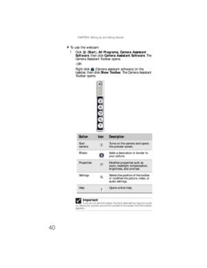 Page 48CHAPTER 3: Setting Up and Getting Started
40
To  us e t he  we b ca m:  
1Click (Start), All Programs, Camera Assistant 
Software, then click Camera Assistant Software. The 
Camera Assistant Toolbar opens.
-OR-
Right-click   (Camera assistant software) on the 
taskbar, then click Show Toolbar. The Camera Assistant 
Toolbar opens.
ButtonIconDescription
Start 
cameraTurns on the camera and opens 
the preview screen.
Effects Adds a decoration or border to 
your picture.
PropertiesModifies properties such as...
