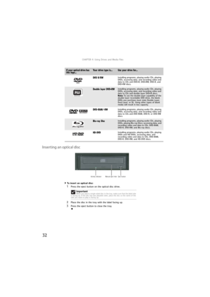 Page 38CHAPTER 4: Using Drives and Media Files
32
Inserting an optical disc
To insert an optical disc:  
1Press the eject button on the optical disc drive.
2Place the disc in the tray with the label facing up.
3Press the eject button to close the tray.
DVD R/RWInstalling programs, playing audio CDs, playing 
DVDs, accessing data, and recording video and 
data to CDs and DVD+R, DVD+RW, DVD-R, and 
DVD-RW discs.
Double layer DVD+RWInstalling programs, playing audio CDs, playing 
DVDs, accessing data, and...