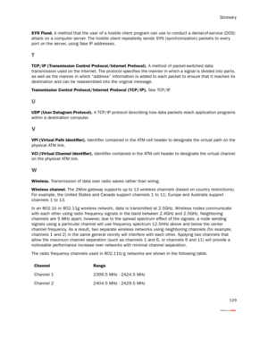 Page 134Glossary
129
SYN Flood. A method that the user of a hostile client program can use to conduct a denial-of-service (DOS) 
attack on a computer ser ver. The hostile client repeatedly sends SYN (synchronization) packets to ever y 
port on the ser ver, using fake IP addresses.
T
TCP/IP (Transmission Control Protocol/Internet Protocol). A method of packet-switched data 
transmission used on the Internet. The protocol specifies the manner in which a signal is divided into par ts, 
as well as the manner in...