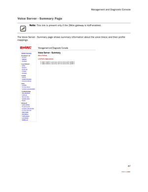 Page 92Management and Diagnostic Console
87
Voice Server - Summar y Page
The Voice Ser ver - Summar y page shows summar y information about the voice line(s) and their profile 
mappings.
Note: This link is present only if the 2Wire gateway is VoIP-enabled. 