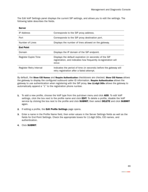 Page 94Management and Diagnostic Console
89
The Edit VoIP Settings panel displays the current SIP settings, and allows you to edit the settings. The 
following table describes the fields.
By default, the 
Show CID Names and Require Authentication checkboxes are checked. Show CID Names allows 
the gateway to display the configured outbound caller ID information. 
Require Authentication allows the 
gateway to use authentication when registering with the SIP proxy. 
Use 11-digit DIDs allows the gateway to...