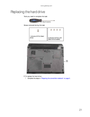 Page 25www.gateway.com
21
Replacing the hard drive
Tools you need to complete this task:
Screws removed during this task:
To replace the hard drive:  
1Complete the steps in “Preparing the convertible notebook” on page 5.
Phillips #0 screwdriver
1 chrome 2.5*5.0 (Hard 
drive)
4 chrome 3.0*0.5+3.5I 
(Hard drive bracket)
Hard 
drive 