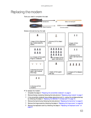 Page 67www.gateway.com
63
Replacing the modem
Tools you need to complete this task:v
Screws removed during this task:
To replace the modem:  
1Complete the steps in “Preparing the convertible notebook” on page 5.
2Remove the bay module by following the instructions in “Replacing a bay module” on page 7.
3If the convertible notebook has wireless networking built in, unplug the wireless antennas 
by following the steps in “Replacing the IEEE 802.11 wireless card” on page 16.
4Remove the hard drive by following...