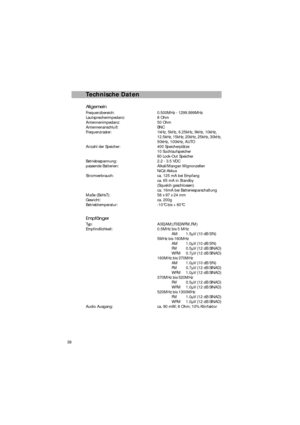 Page 3838
Technische DatenAllgemein Allgemein
Frequenzbereich:0.500MHz - 1299.999MHz
Lautsprecherimpedanz:8 Ohm
Antennenimpedanz:50 Ohm
Antennenanschluß:BNC
Frequenzraster:1kHz, 5kHz, 6.25kHz, 9kHz, 10kHz,
12.5kHz, 15kHz, 20kHz, 25kHz, 30kHz,
50kHz, 100kHz, AUTO
Anzahl der Speicher:400 Speicherplätze
10 Suchlaufspeicher
80 Lock-Out Speicher
Betriebsspannung:2.2 - 3.5 VDC
passende Batterien:Alkali/Mangan Mignonzellen
NiCd-Akkus
Stromverbrauch:ca. 125 mA bei Empfang
ca. 65 mA in Standby
(Squelch geschlossen)
ca....