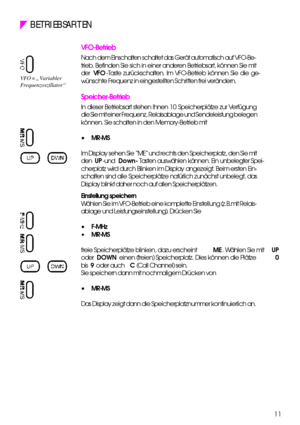 Page 1111 BETRIEBSARTEN
VFO-Betrieb
Nach dem EInschalten schaltet das Gerät automatisch auf VFO-Be-
trieb. Befinden Sie sich in einer anderen Betriebsart, können Sie mit
der VFO-Taste zurückschalten. Im VFO-Betrieb können Sie die ge-
wünschte Frequenz in eingestellten Schritten frei verändern.
Speicher-Betrieb
In dieser Betriebsart stehen Ihnen 10 Speicherplätze zur Verfügung
die Sie mit einer Frequenz, Relaisablage und Sendeleistung belegen
können. Sie schalten in den Memory-Betrieb mit
•MR-MS
Im Display sehen...