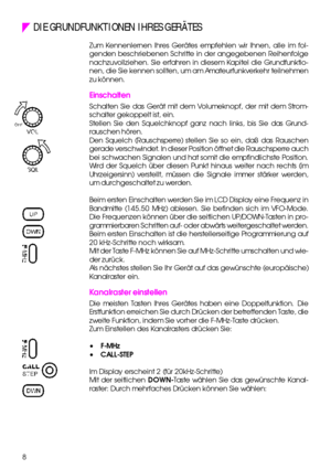 Page 88 DIE GRUNDFUNKTIONEN IHRES GERÄTES
Zum Kennenlernen Ihres Gerätes empfehlen wir Ihnen, alle im fol-
genden beschriebenen Schritte in der angegebenen Reihenfolge
nachzuvollziehen. Sie erfahren in diesem Kapitel die Grundfunktio-
nen, die Sie kennen sollten, um am Amateurfunkverkehr teilnehmen
zu können.
Einschalten
Schalten Sie das Gerät mit dem Volumeknopf, der mit dem Strom-
schalter gekoppelt ist, ein.
Stellen Sie den Squelchknopf ganz nach links, bis Sie das Grund-
rauschen hören.
Den Squelch...