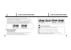 Page 176. MP3 PLAYER FUNKTIONEN
33
6. MP3 PLAYER FUNKTIONEN
32
Haben Sie das gewünschte Musikstück gefunden, drücken Sie (      ) um es abzuspielen.Durch Drücken von (      ) oder (      ) im Pausenmodus, wird automatisch das nächste verfügbare Musikstück
abgespielt, au
erdem wird der Pausenmodus aufgehoben.
Durch Drücken von (      ) oder (      ) im Abspielmodus, wird das nächste verfügbare Musikstück abgespielt.Durch Gedrückthalten von (      ) oder (      ) im Abspielmodus erscheint im Bildschirm ‘FF’ oder...
