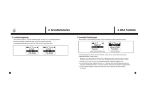 Page 83LautstärkeregelungDurch drücken der Taste (+ /-) wird die Lautstärke geregelt. Der DR201 hat 21 Lautstärkeeinstellungen.
Bei gedrückt gehaltener Lautstärketaste steigt, bzw. fällt die Lautstärke automatisch. 
Die Lautstärkeneinstellungen sind im DAB, UKW Radio und MP3 Player Modus gleich.
3. DAB Funktion
15
2. Grundfunktionen
14
1 Ensemble EinstellungenWird der DR201 in den DAB Modus geschaltet, sucht er automatsch den zuletzt empfangenden Sender.
lst das Eingangssignal zu schwach oder nicht vorhanden,...