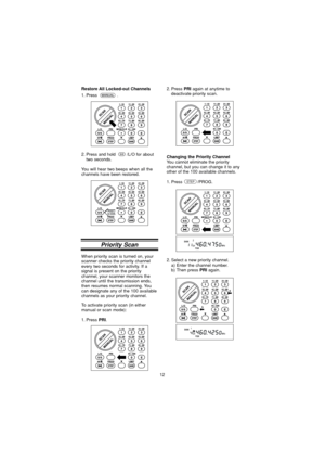 Page 1212
Restore All Locked-out Channels
1. Press .
2. Press and hold  /L/O for abouttwo seconds.
You will hear two beeps when all the
channels have been restored.
Priority Scan
When priority scan is turned on, your
scanner checks the priority channel
every two seconds for activity. If a
signal is present on the priority
channel, your scanner monitors the
channel until the transmission ends,
then resumes normal scanning. You
can designate any of the 100 available
channels as your priority channel.
Changing the...