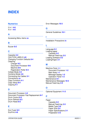 Page 87OPERATION GUIDEINDEX-1
INDEX
Numerics
2 in 1 4-6
4 in 1 4-6
A
Accessing Menu Items xx
B
Buzzer 8-2
C
Cassette 2-2
CAUTION LABELS viii
Changing Function Defaults 8-4
Cleaning
Charger 9-3
Document Processor 9-6
Machine 9-6
Registration Roller 9-3
Collate Mode 4-5
Combine Mode 4-6
Connecting the Cables 3-1
Conventions xx
Copy Functions 4-1
Copy Setup 8-4
Copying 4-1
D
Document Processor 4-2
Document Processor Pad Replacement 9-7
Drum Control 8-3
Drum Refresh 8-3
Drum Reset 8-2
E
Eco Fuser 8-3
EcoPrint...