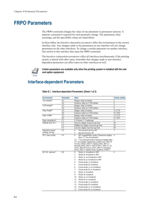 Page 102Chapter 6 Permanent Parameters
6-2
FRPO Parameters 
The FRPO command changes the value of one parameter in permanent memory. A 
separate command is required for each pa rameter change. The parameters, their 
meanings, and the specifiable  values are listed below. 
In these tables, the Interface-dependent parameters  affect the environment on the current 
interface only. Any changes made to the pa rameters on one interface will not change 
parameters on the other interfaces. To change a similar parameter...