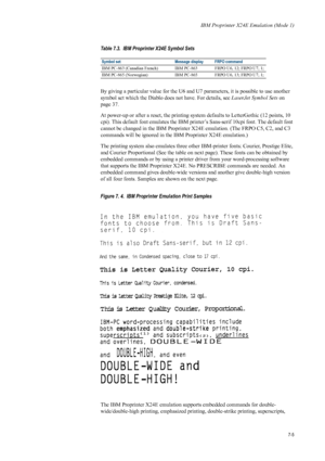 Page 117IBM Proprinter X24E Emulation (Mode 1)
7-5
By giving a particular value for the U6 and U7 parameters, it is possible to use another 
symbol set which the Diablo does not have. For details, see LaserJet Symbol Sets on 
page 37.
At power-up or after a reset, the printing system defaults to LetterGothic (12 points, 10 
cpi). This default font emulates the IBM prin ter’s Sans-serif 10cpi font. The default font 
cannot be changed in the IBM Proprinter X24E emulation. (The FRPO C5, C2, and C3 
commands will be...