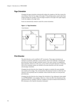 Page 14Chapter 1 Introduction to PRESCRIBE
1-6
Page Orientation 
Changing the page orientation automatically adjusts the margins so that they remain the 
same distance from the four edges of the paper. If the printing system cannot make these 
margin settings (for example, if the left margin would be to the right of the right margin), 
it sets the margins to the edge limits. 
Fonts are automatically rotated to match the current orientation.  
Figure 1. 5.  Page Orientations
Print Direction 
The print direction...