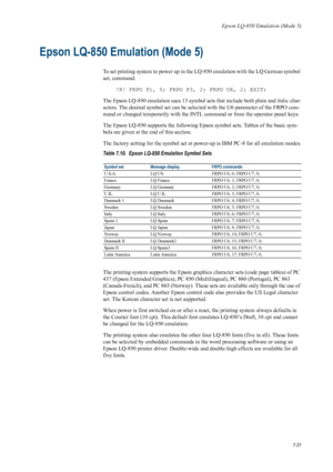 Page 133Epson LQ-850 Emulation (Mode 5)
7-21
Epson LQ-850 Emulation (Mode 5) 
To set printing system to power up in the LQ-850 emulation with the LQ German symbol 
set, command: !R! FRPO P1, 5; FRPO P3, 2; FRPO U6, 2; EXIT; 
The Epson LQ-850 emulation uses 13 symbol sets that include both plain and italic char-
acters. The desired symbol set can be selected with the U6 parameter of the FRPO com-
mand or changed temporarily with the INTL command or from the operator panel keys. 
The Epson LQ-850 supports the...