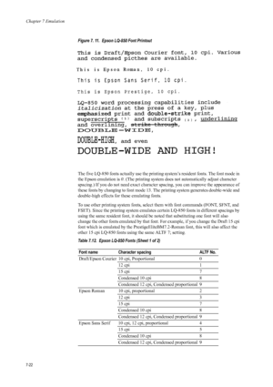 Page 134Chapter 7 Emulation
7-22
Figure 7. 11.  Epson LQ-850 Font Printout
  
The five LQ-850 fonts actually use the printing system’s resident fonts. The font mode in 
the Epson emulation is  0. (The printing system does not  automatically adjust character 
spacing.) If you do not need exact character spacing, you can improve the appearance of 
these fonts by changing to font mode 13. Th e printing system generates double-wide and 
double-high effects for these emulating fonts. 
To use other printing system...