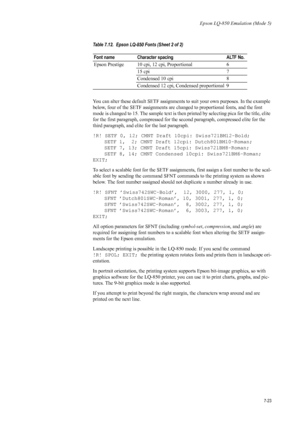 Page 135Epson LQ-850 Emulation (Mode 5)
7-23
You can alter these default SETF assignments to suit your own purposes. In the example 
below, four of the SETF assignments are ch anged to proportional fonts, and the font 
mode is changed to 15. The sample text is then printed by selecting pica for the title, elite 
for the first paragraph, comp ressed for the second paragraph, compressed elite for the 
third paragraph, and elite  for the last paragraph. 
!R! SETF 0, 12; CMNT Draft 10cpi: Swiss721BM12-Bold; SETF 1,...