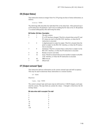 Page 217HP 7550A Emulation [KC-GL] (Mode 8)
7-105
OS [Output Status] 
This instruction returns an integer from 0 to 255 giving one byte of status information, as 
follows: status TERM 
The following table describes the individual bits in the status byte. After powered up or 
an IN instruction, bit positions 3 and 4 turn on making the bit value to be 24. Bit position 
3 is cleared subsequently after delivering the status. 
OT [Output carousel Type] 
This instruction delivers information on th e current carousel...