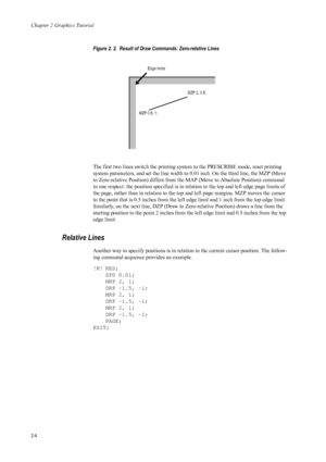 Page 26Chapter 2 Graphics Tutorial
2-4
Figure 2. 2.  Result of Draw Commands: Zero-relative Lines 
The first two lines switch the printing syst em to the PRESCRIBE mode, reset printing 
system parameters, and set the line width to 0.01 inch. On the third line, the MZP (Move 
to Zero-relative Position) differs from th e MAP (Move to Absolute Position) command 
in one respect: the position specified is in relation to the top and left edge page limits of 
the page, rather than in relation to the top and left page...