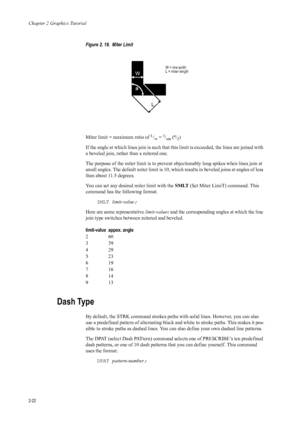 Page 44Chapter 2 Graphics Tutorial
2-22
Figure 2. 19.  Miter Limit 
Miter limit = maximum ratio of 
L/w = 1/sin (a/2)
If the angle at which lines join is such that th is limit is exceeded, the lines are joined with 
a beveled join, rather than a mitered one. 
The purpose of the miter limit is to prevent objectionably long spikes when lines join at 
small angles. The default miter limit is 10, which results in beveled joins at angles of less 
than about 11.5 degrees. 
You can set any desired miter limit with the...