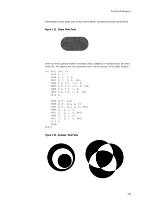 Page 53Path Mode Graphics
2-31
With simple convex paths such as that shown below, the entire enclosed area is filled. 
Figure 2. 32.  Simple Filled Paths   
However, when a path consists of multiple cl osed subpaths or intersects itself as shown 
in the next two figures, the rule determines  areas that are deemed to be inside the path. 
!R! RES; UNIT C; PMZP 5, 5;
PMRA 5, 5, 2, 0;
PARC 5, 5, 2, 0, 360;
PMRA 5.2, 5.2, 1.5, 0;
PARC 5.2, 5.2, 1.5, 0, 360;
PMRA 5.5, 5.5, 1, 0;
PARC 5.5, 5.5, 1, 0, 360;
FILL 1;
PMZP...