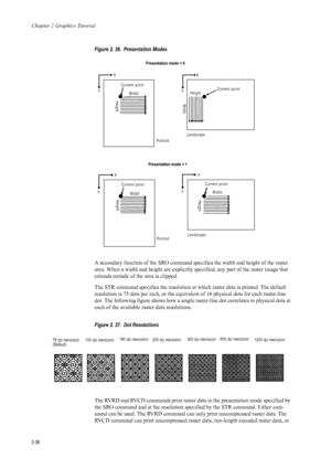 Page 58Chapter 2 Graphics Tutorial
2-36
Figure 2. 36.  Presentation Modes 
A secondary function of the SRO command specifies the width and height of the raster 
area. When a width and height  are explicitly specified, any part  of the raster image that 
extends outside of the area is clipped. 
The STR command specifies the  resolution at which raster data is printed. The default 
resolution is 75 dots per inch,  or the equivalent of 16 physical dots for each raster-line 
dot. The following figure shows how a...