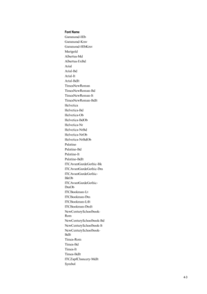 Page 714-3
Garamond-Hlb
Garamond-Krsv
Garamond-HlbKrsv
Marigold
Albertus-Md
Albertus-ExBd
Arial
Arial-Bd
Arial-It
Arial-BdIt
TimesNewRoman
TimesNewRoman-Bd
TimesNewRoman-It
TimesNewRoman-BdIt
Helvetica
Helvetica-Bd
Helvetica-Ob
Helvetica-BdOb
Helvetica-Nr
Helvetica-NrBd
Helvetica-NrOb
Helvetica-NrBdOb
Palatino
Palatino-Bd
Palatino-It
Palatino-BdIt
ITCAvantGardeGothic-Bk
ITCAvantGardeGothic-Dm
ITCAvantGardeGothic-
BkOb
ITCAvantGardeGothic-
DmOb
ITCBookman-Lt
ITCBookman-Dm
ITCBookman-LtIt
ITCBookman-DmIt...