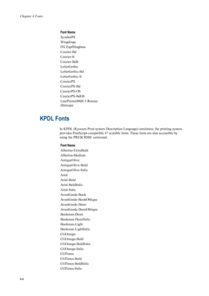 Page 72Chapter 4 Fonts
4-4
KPDL Fonts 
In KPDL (Kyocera Print-system Description Language) emulation, the printing system 
provides PostScript-compatible 47 scalable  fonts. These fonts are also accessible by 
using the PRESCRIBE command. SymbolPS
Wingdings
ITCZapfDingbats
Courier-Bd
Courier-It
Courier-BdIt
LetterGothic
LetterGothic-Bd
LetterGothic-It
CourierPS
CourierPS-Bd
CourierPS-Ob
CourierPS-BdOb
LinePrinterBM8.5-Roman 
(Bitmap)
Font Name
Albertus-ExtraBold
Albertus-Medium
AntiqueOlive
AntiqueOlive-Bold...