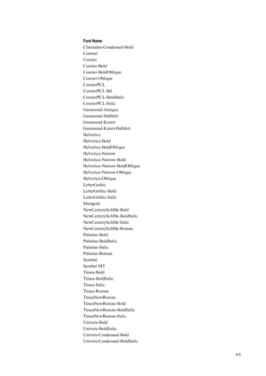 Page 734-5
Clarendon-Condensed-Bold
Coronet
Courier
Courier-Bold
Courier-BoldOblique
Courier-Oblique
CourierPCL
CourierPCL-Bd
CourierPCL-BoldItalic
CourierPCL-Italic
Garamond-Antiqua
Garamond-Halbfett
Garamond-Kursiv
Garamond-KursivHalbfett
Helvetica
Helvetica-Bold
Helvetica-BoldOblique
Helvetica-Narrow
Helvetica-Narrow-Bold
Helvetica-Narrow-BoldOblique
Helvetica-Narrow-Oblique
Helvetica-Oblique
LetterGothic
LetterGothic-Bold
LetterGothic-Italic
Marigold
NewCenturySchlbk-Bold
NewCenturySchlbk-BoldItalic...