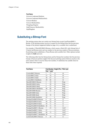 Page 74Chapter 4 Fonts
4-6
Substituting a Bitmap Font 
The printing system does not contain any bitmap fonts except LinePrinterBM8.5-
Roman. If the printing system  receives a request for the bitmap fonts that the previous 
lineups of the printers supported (tabled on page 4-4), a scalable font is substituted.
For example, if Dutch801BM10-Roman, which means a Dutch 801 style bitmap font of 
10-point and Roman-style and was resident to  the previous models of Kyocera printers, 
the printing system substitutes a...