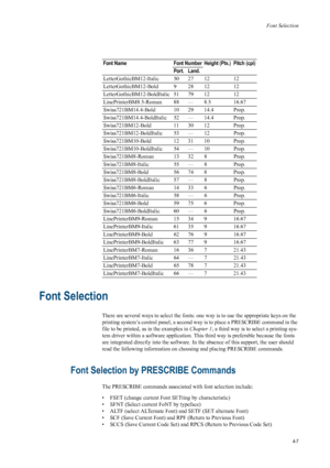 Page 75Font Selection
4-7
Font Selection
There are several ways to select the fonts: one way is to use the appropriate keys on the 
printing system’s control panel; a second way is to place a PRESCRIBE command in the 
file to be printed, as in the examples in  Chapter 1; a third way is to select a printing sys-
tem driver within a software application. Th is third way is preferable because the fonts 
are integrated directly into th e software. In the absence of  this support, the user should 
read the following...