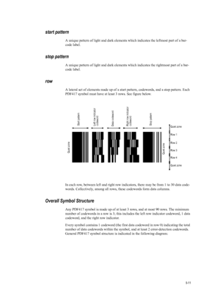 Page 955-11
start pattern
A unique pattern of light and dark elements which indicates the leftmost part of a bar-
code label.
stop pattern
A unique pattern of light and dark elements which indicates the rightmost part of a bar-
code label.
row
A lateral set of elements made up of a start pattern, codewords, and a stop pattern. Each 
PDF417 symbol must have at least 3 rows. See figure below.
In each row, between left and right row indicat ors, there may be from 1 to 30 data code-
words. Collectively, among all...