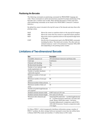 Page 975-13
Positioning the Barcodes
The following commands are positioning commands the PRESCRIBE language pro-
vides. These commands are useful and sometimes essential for proper positioning of the 
barcodes onto a medium such as label. More  detailed discussion on these (and some 
other) positioning commands can be found in the  PRESCRIBE Commands Command 
Reference . 
By default the cursor is located at the top le ft corner of the barcode and stays there after 
printing is done.
Limitations of...