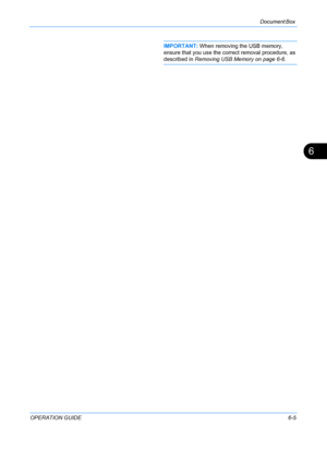 Page 165Document Box 
OPERATION GUIDE6-5
6
IMPORTANT: When removing the USB memory, 
ensure that you use the correct removal procedure, as 
described in  Removing USB Memory on page 6-6 .
Downloaded From ManualsPrinter.com Manuals 