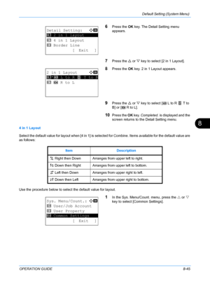 Page 233Default Setting (System Menu) 
OPERATION GUIDE8-45
8
6Press the OK key. The Detail Setting menu 
appears.
7Press the  U or  V key to select [2 in 1 Layout]. 
8Press the  OK key. 2 in 1 Layout appears. 
9Press the  U or  V key to select [ g   L to R  f   T to 
B] or [ e   R to L].  
10Press the  OK key.  Completed.  is displayed and the 
screen returns to the  Detail Setting menu.
4 in 1 Layout
Select the default value for layout when [4 in 1] is sele cted for Combine. Items available for the default...